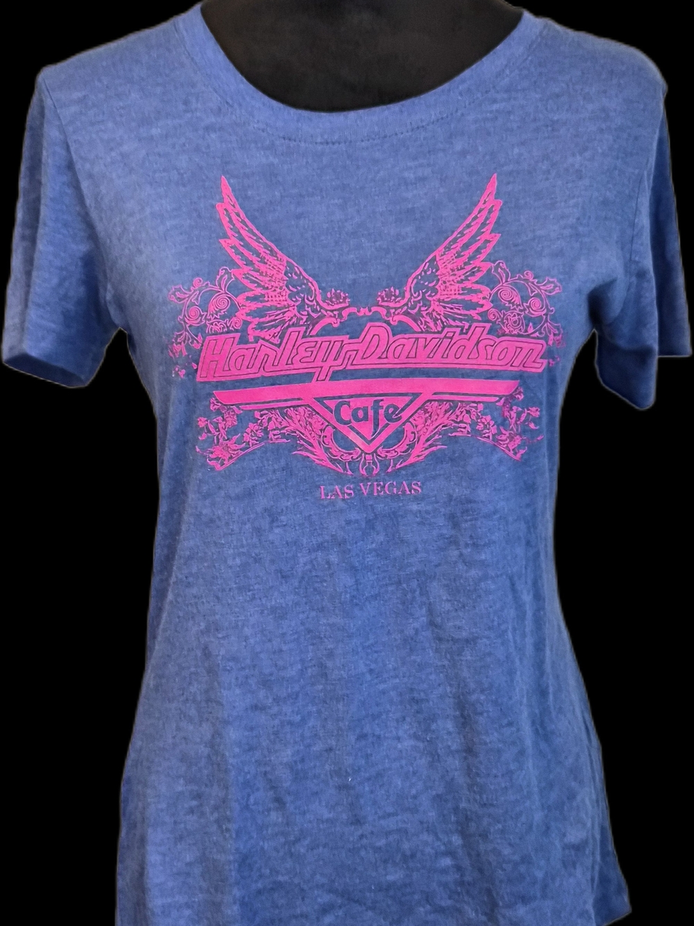 Harley-Davidson Women's Blue Tee with Pink Logo - Las Vegas Cafe